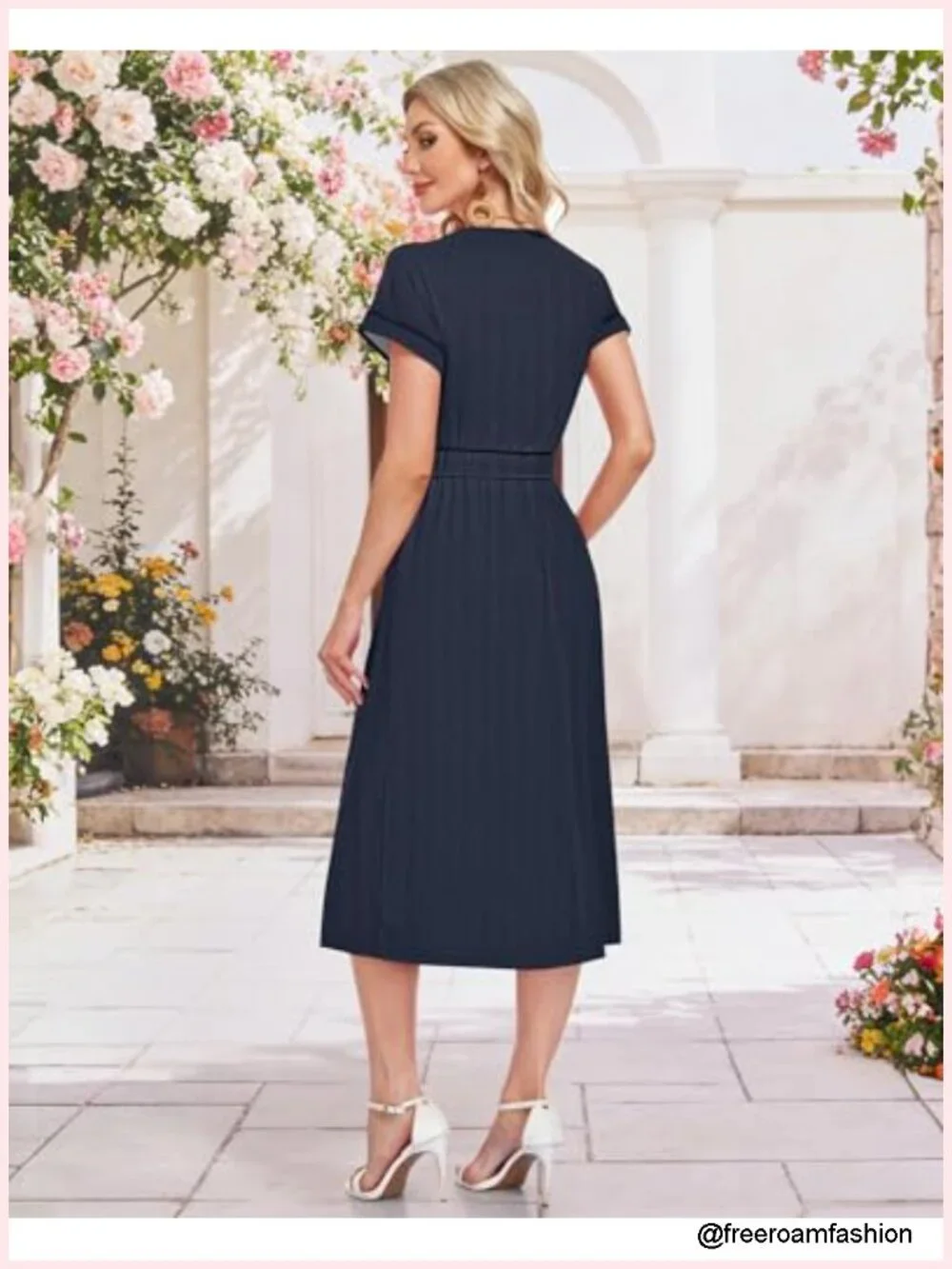Women's Casual Midi Dress V Neck Short Sleeve Waffle Knit A Line Flowy with
